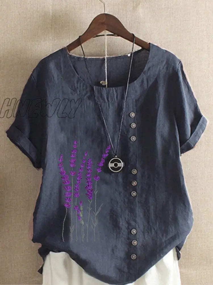 Hnewly Cotton And Linen Printed T Shirt Tops For Women Summer Loose Lavender Shirts Trendy Fits