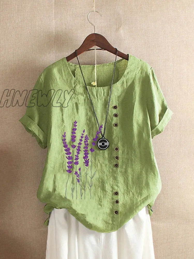 Hnewly Cotton And Linen Printed T Shirt Tops For Women Summer Loose Lavender Shirts Trendy Fits