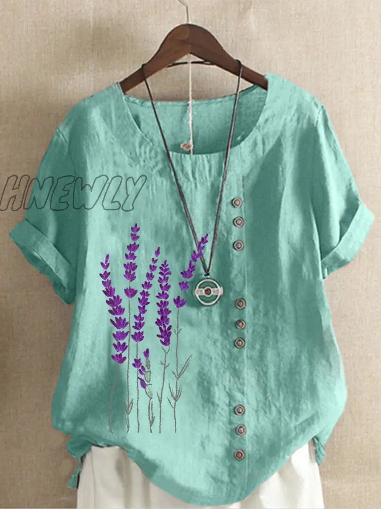 Hnewly Cotton And Linen Printed T Shirt Tops For Women Summer Loose Lavender Shirts Trendy Fits