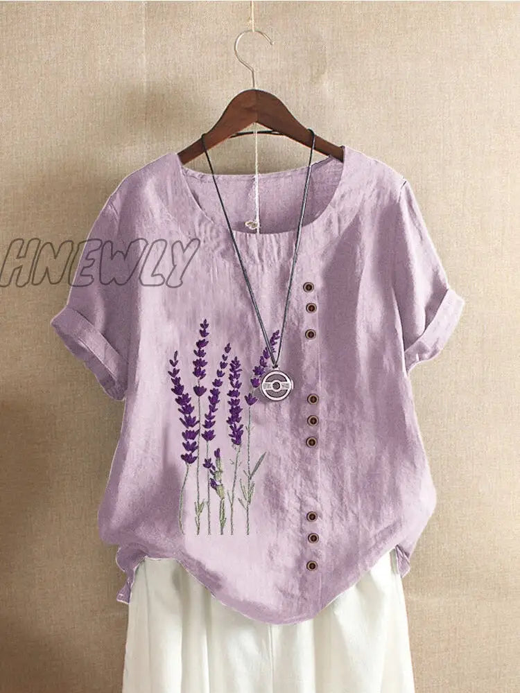 Hnewly Cotton And Linen Printed T Shirt Tops For Women Summer Loose Lavender Shirts Trendy Fits