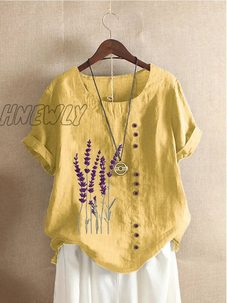 Hnewly Cotton And Linen Printed T Shirt Tops For Women Summer Loose Lavender Shirts Trendy Fits