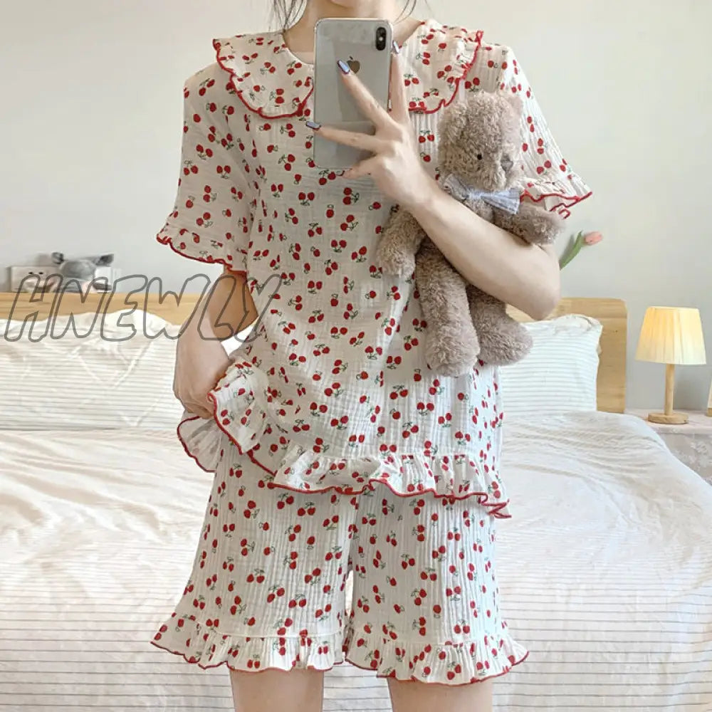 Hnewly Cotton Sleepwear Korean Pajamas For Women Summer Pijama Cherry Print Pyjamas Female Set