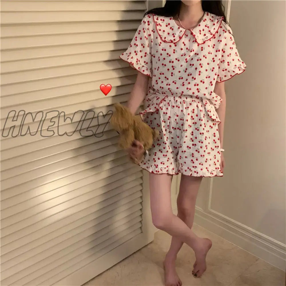 Hnewly Cotton Sleepwear Korean Pajamas For Women Summer Pijama Cherry Print Pyjamas Female Set