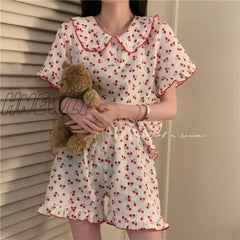 Hnewly Cotton Sleepwear Korean Pajamas For Women Summer Pijama Cherry Print Pyjamas Female Set