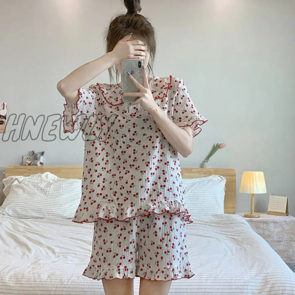 Hnewly Cotton Sleepwear Korean Pajamas For Women Summer Pijama Cherry Print Pyjamas Female Set
