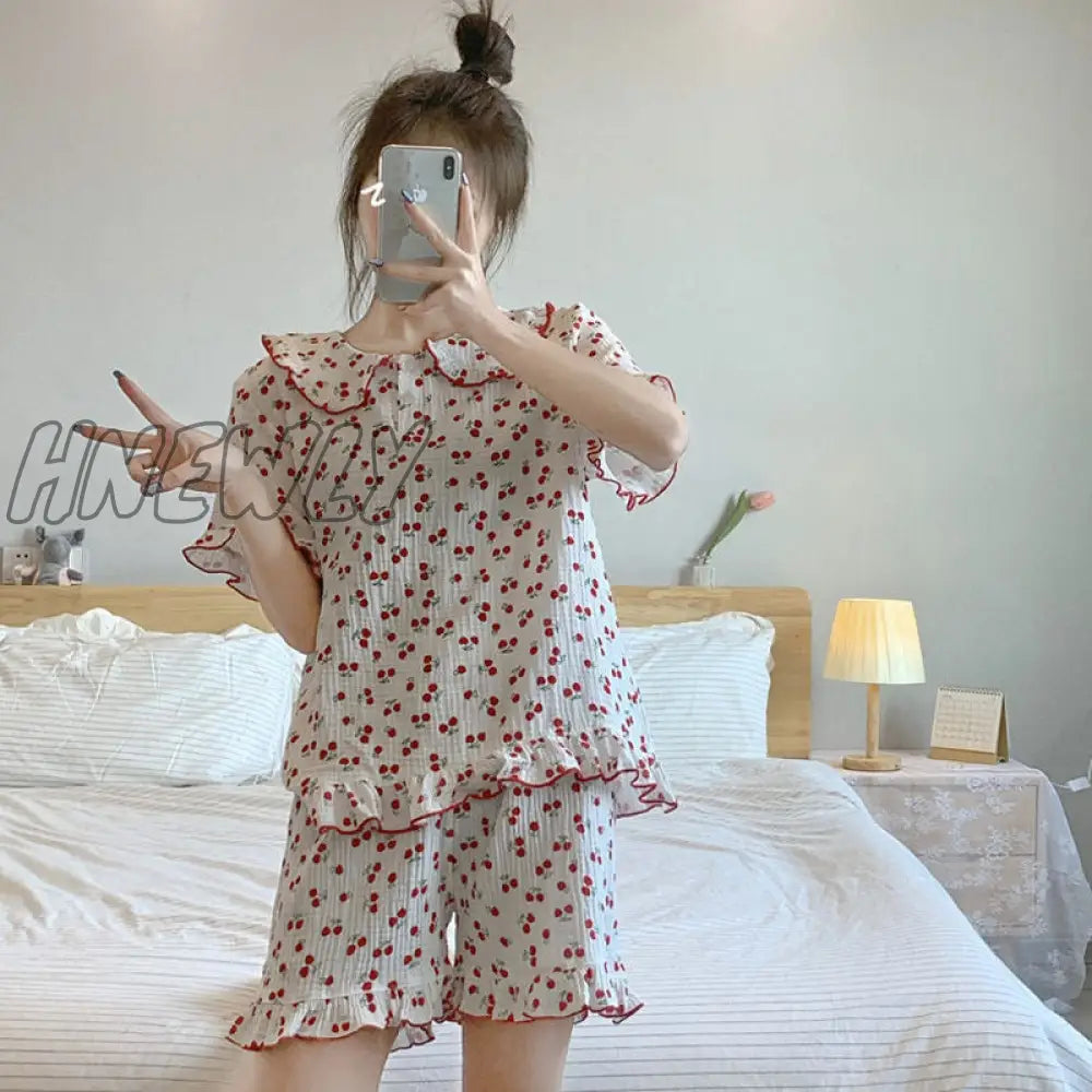 Hnewly Cotton Sleepwear Korean Pajamas For Women Summer Pijama Cherry Print Pyjamas Female Set