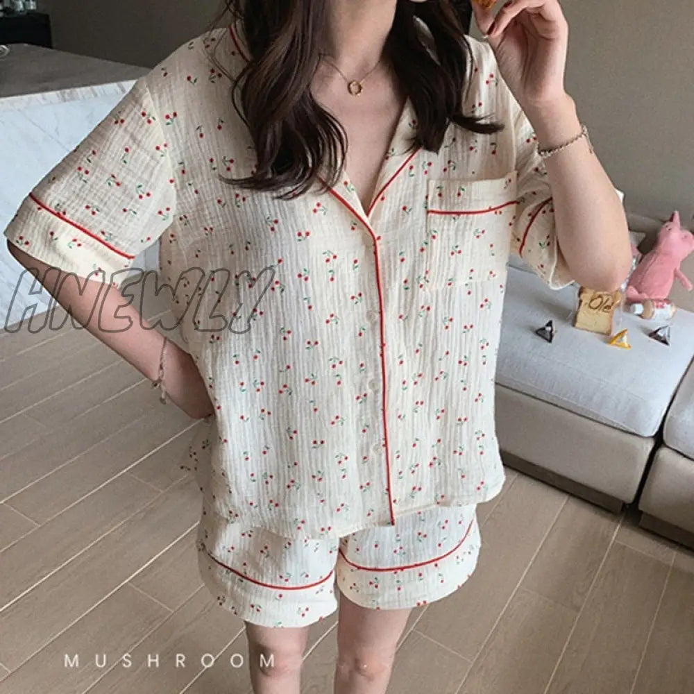 Hnewly Cotton Sleepwear Korean Pajamas For Women Summer Pijama Cherry Print Pyjamas Female Set