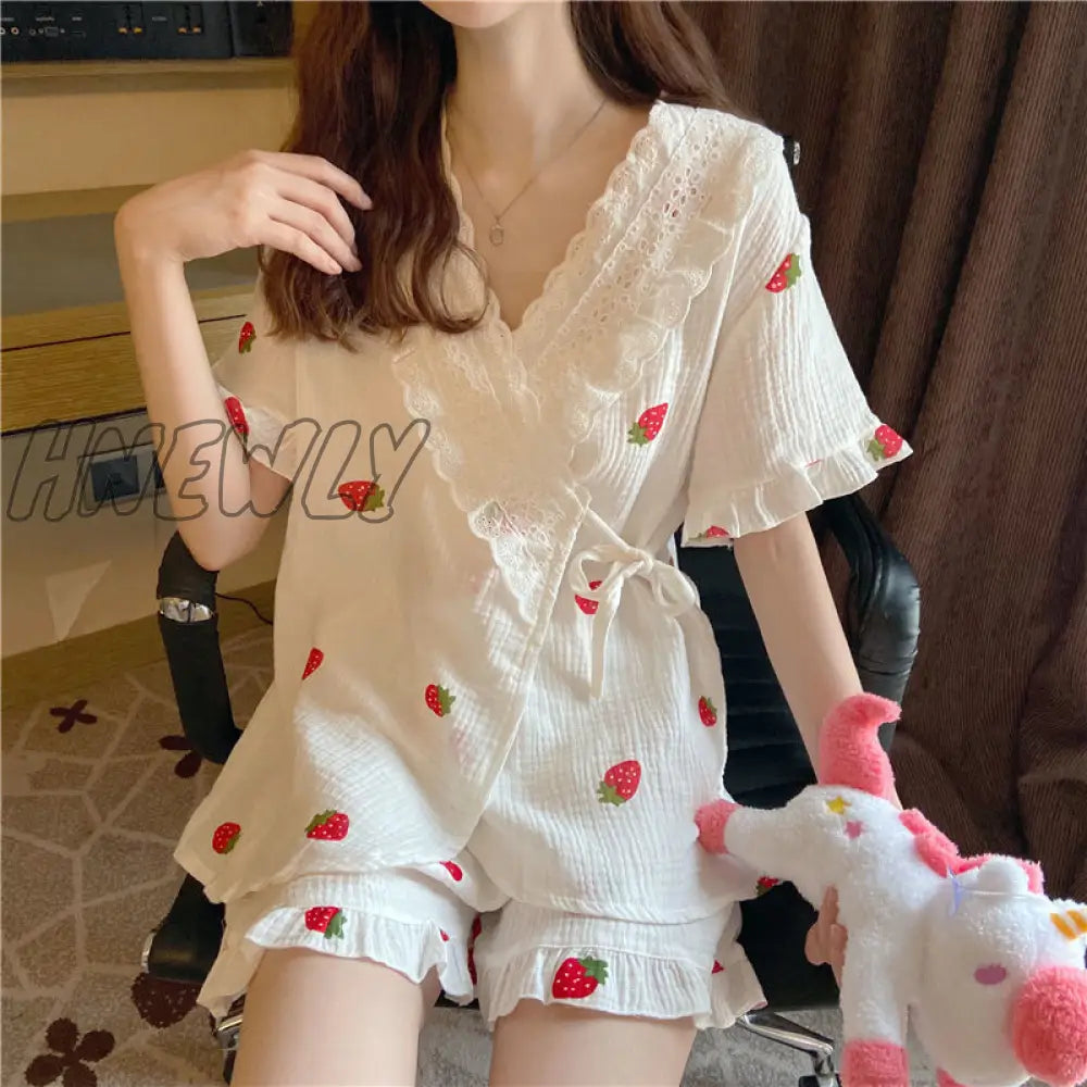 Hnewly Cotton Sleepwear Korean Pajamas For Women Summer Pijama Cherry Print Pyjamas Female Set