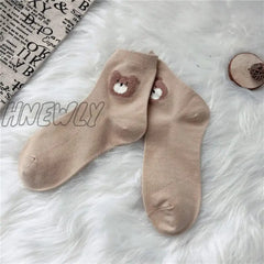 Hnewly Creative New Brown Bear Socks Female Middle Tube Japanese Cute Small Fresh Wild Student