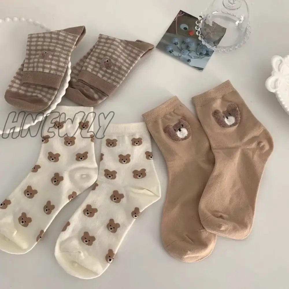 Hnewly Creative New Brown Bear Socks Female Middle Tube Japanese Cute Small Fresh Wild Student