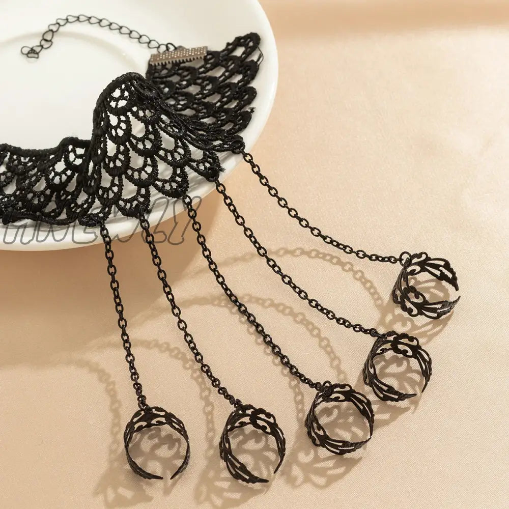 Hnewly Creative Vintage Black Lace Finger Wrist Chain Rings Bracelets For Women Metal Connecting