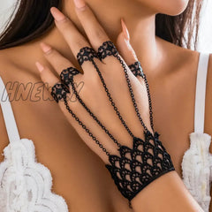 Hnewly Creative Vintage Black Lace Finger Wrist Chain Rings Bracelets For Women Metal Connecting