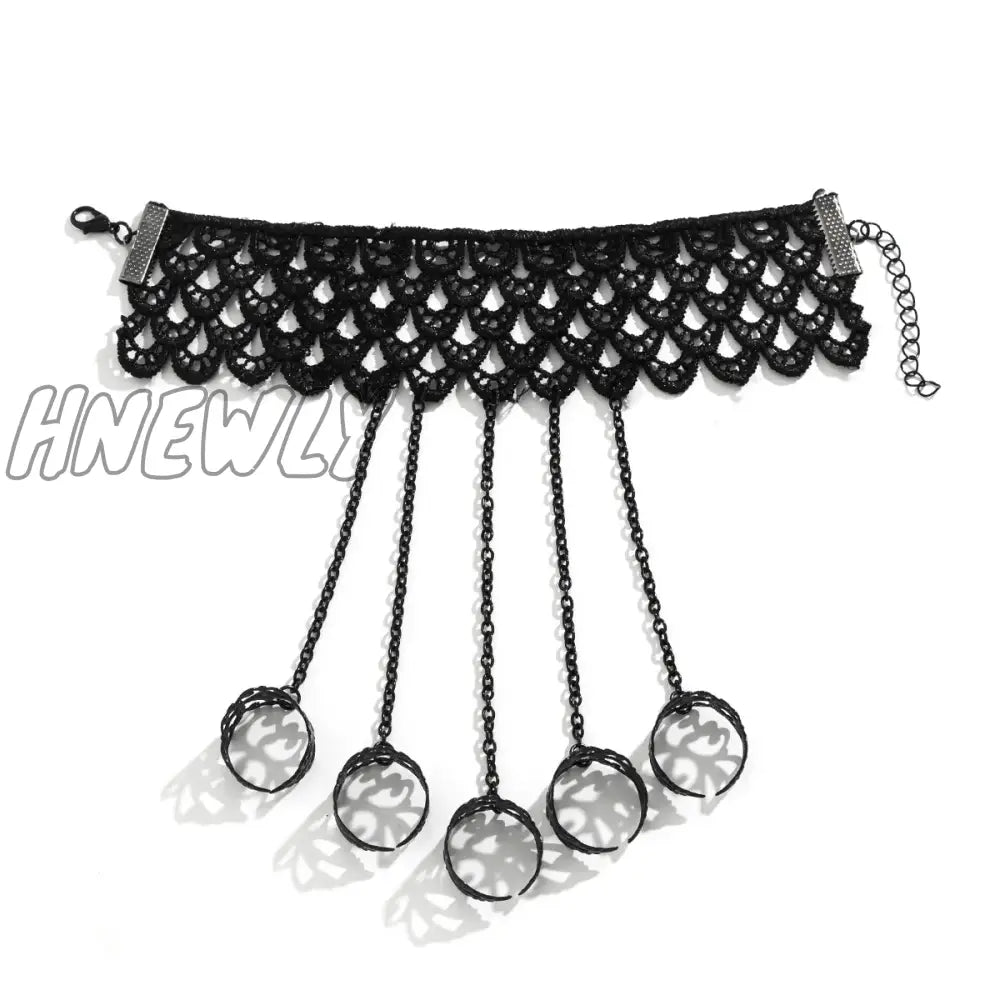 Hnewly Creative Vintage Black Lace Finger Wrist Chain Rings Bracelets For Women Metal Connecting