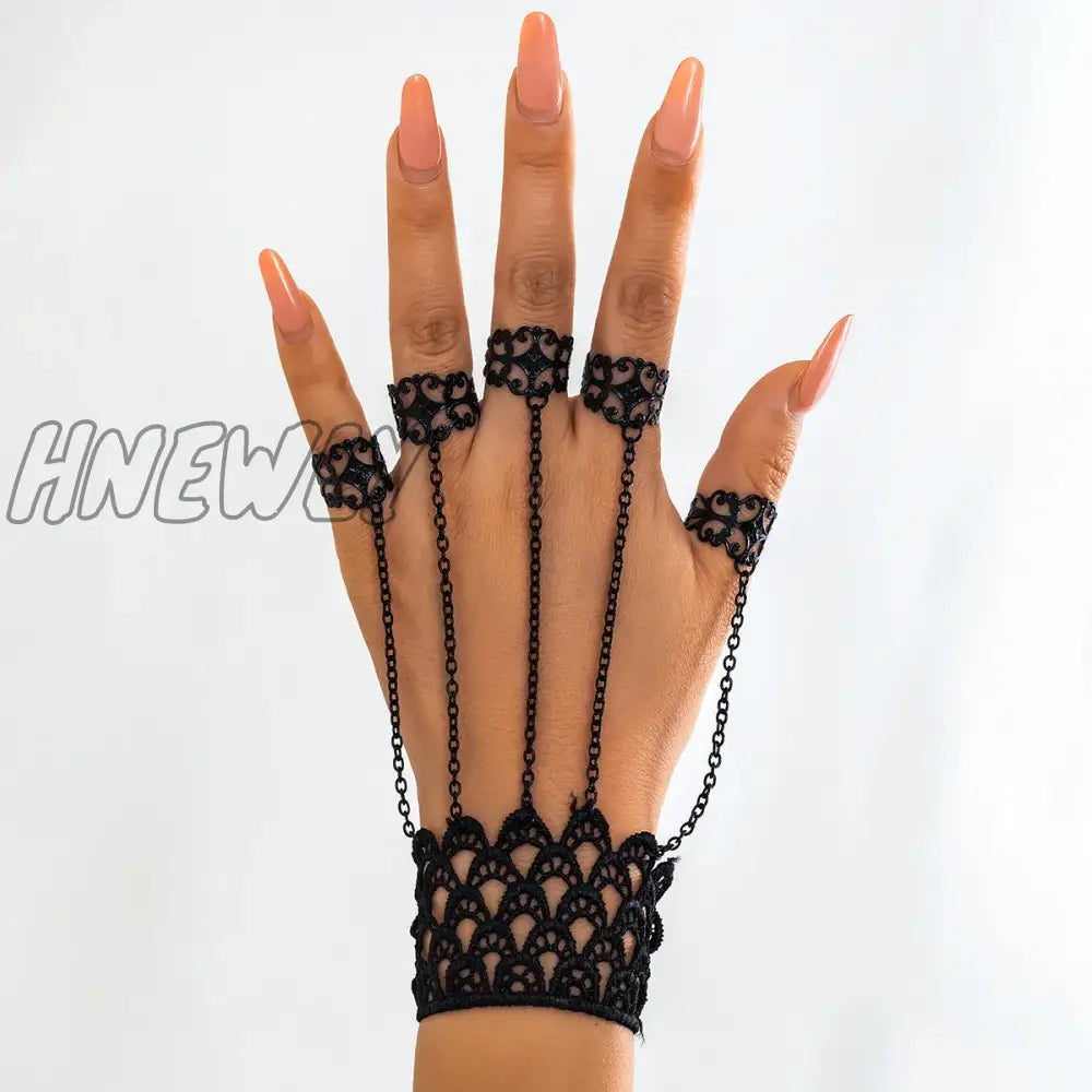 Hnewly Creative Vintage Black Lace Finger Wrist Chain Rings Bracelets For Women Metal Connecting