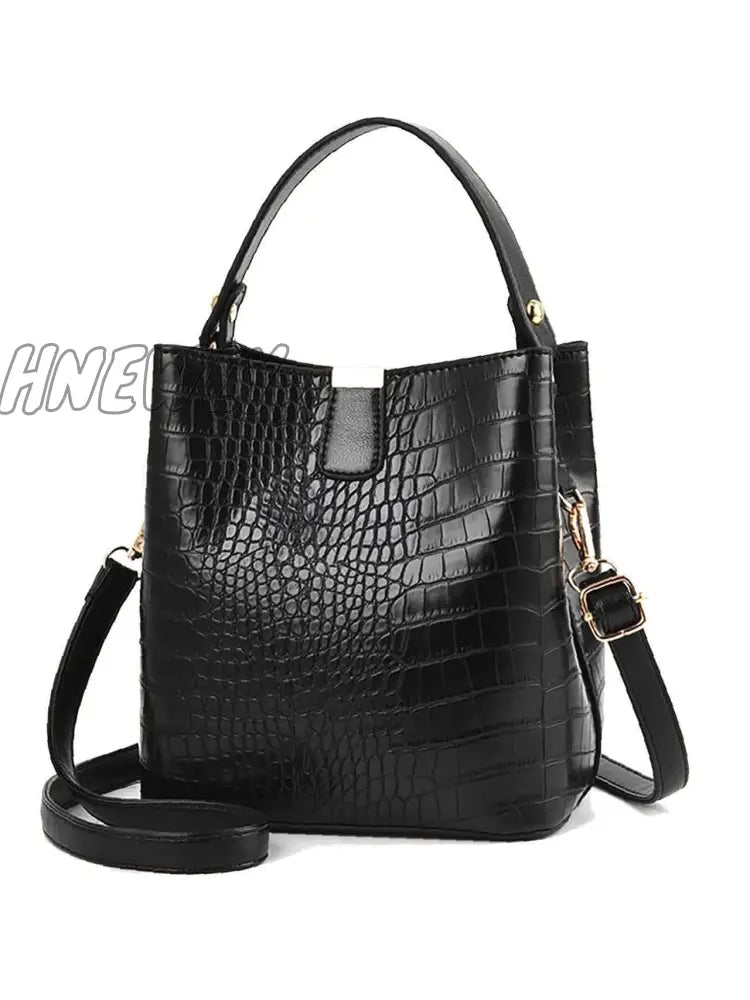 Hnewly - Crocodile Embossed Top Handle Bucket Bag Women Satchels Black Women-Satchels