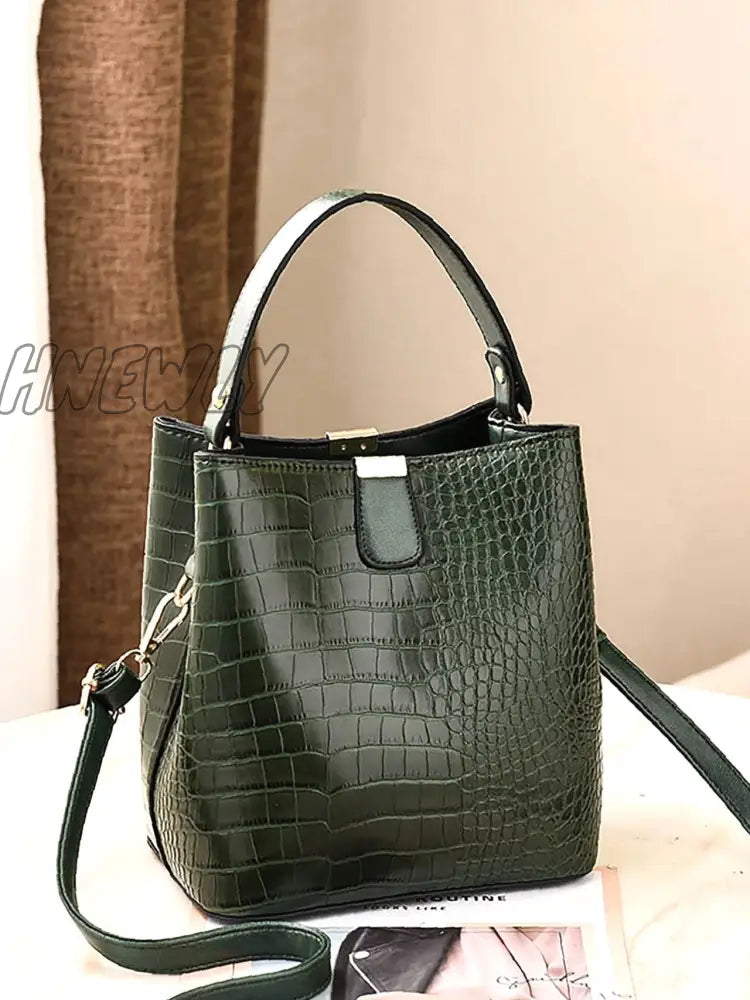 Hnewly - Crocodile Embossed Top Handle Bucket Bag Women Satchels Dark Green Women-Satchels