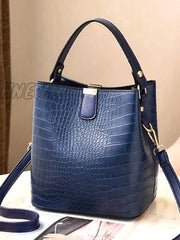 Hnewly - Crocodile Embossed Top Handle Bucket Bag Women Satchels Royal Blue Women-Satchels