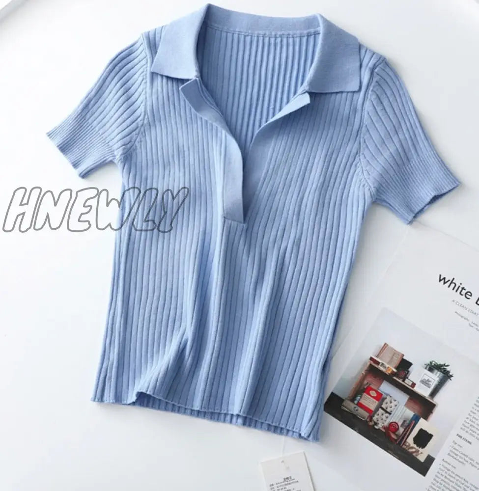 Hnewly Crop Top Female Polo Shirts Summer Short Sleeve T-Shirt Women’s Vintage Clothes Ribbed