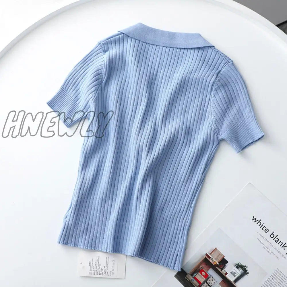 Hnewly Crop Top Female Polo Shirts Summer Short Sleeve T-Shirt Women’s Vintage Clothes Ribbed