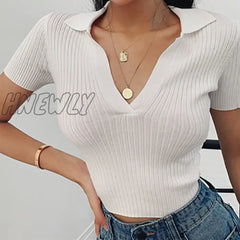 Hnewly Crop Top Female Polo Shirts Summer Short Sleeve T-Shirt Women’s Vintage Clothes Ribbed