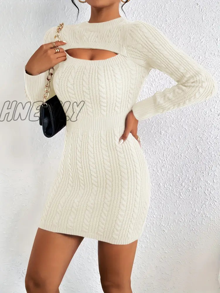 Hnewly Cut Out Cable Knit Sweater Dress Sexy Long Sleeve Bodycon Women’s Clothing