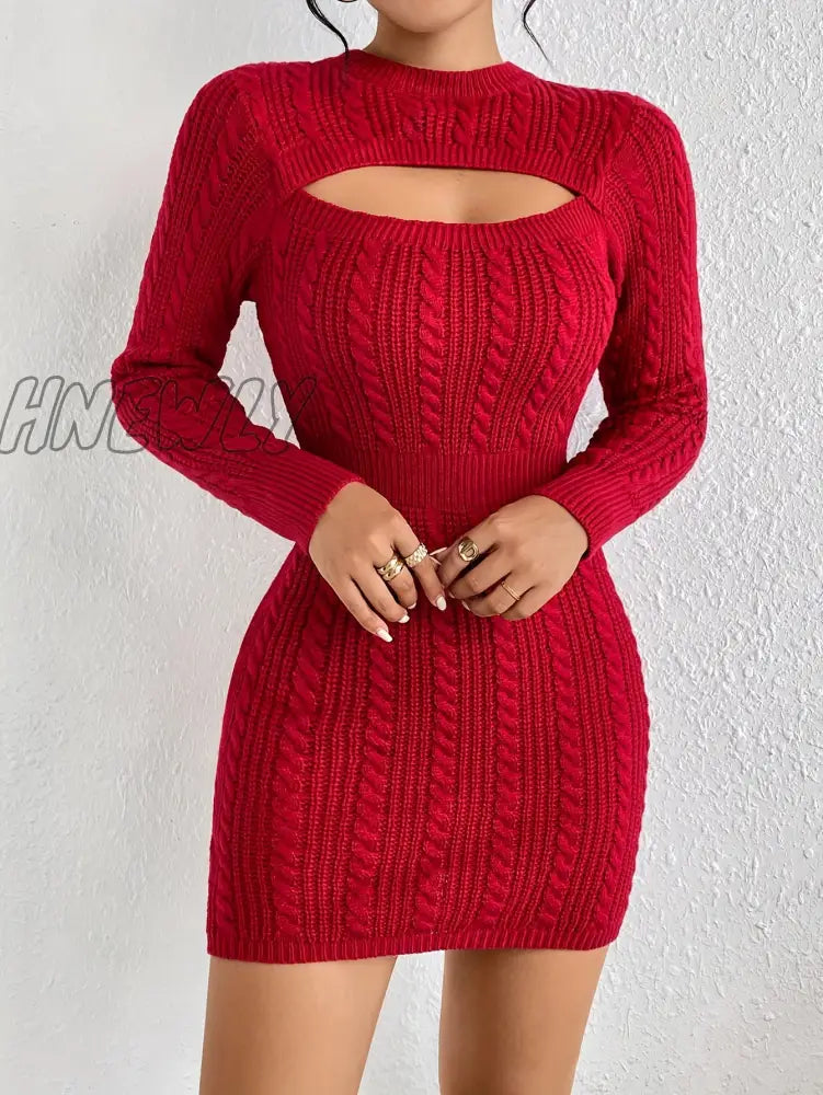 Hnewly Cut Out Cable Knit Sweater Dress Sexy Long Sleeve Bodycon Women’s Clothing