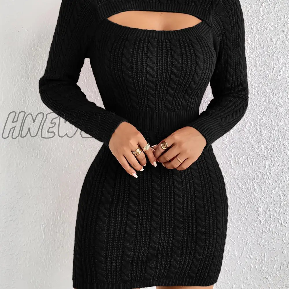 Hnewly Cut Out Cable Knit Sweater Dress Sexy Long Sleeve Bodycon Women’s Clothing Black / Xs(2)