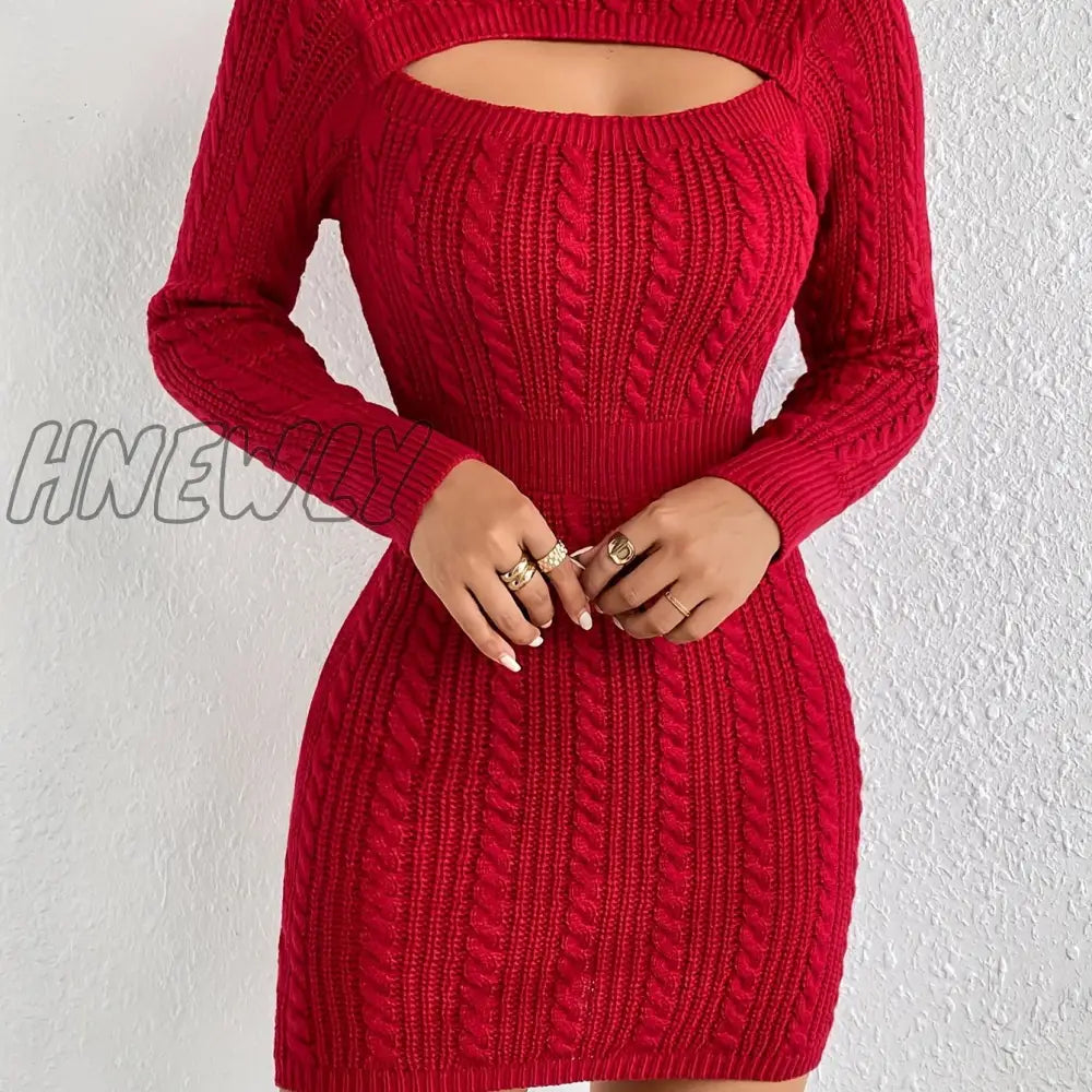 Hnewly Cut Out Cable Knit Sweater Dress Sexy Long Sleeve Bodycon Women’s Clothing Red / Xs(2)