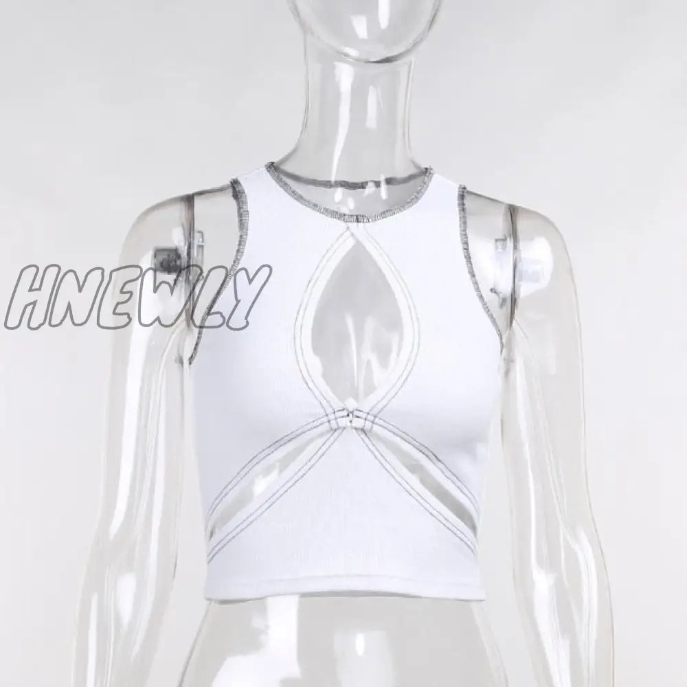 Hnewly Cut Out Tank Top Sleeveless Front Hole Sexy Patchwork Crop Women Vest Cotton Fashion Y2K