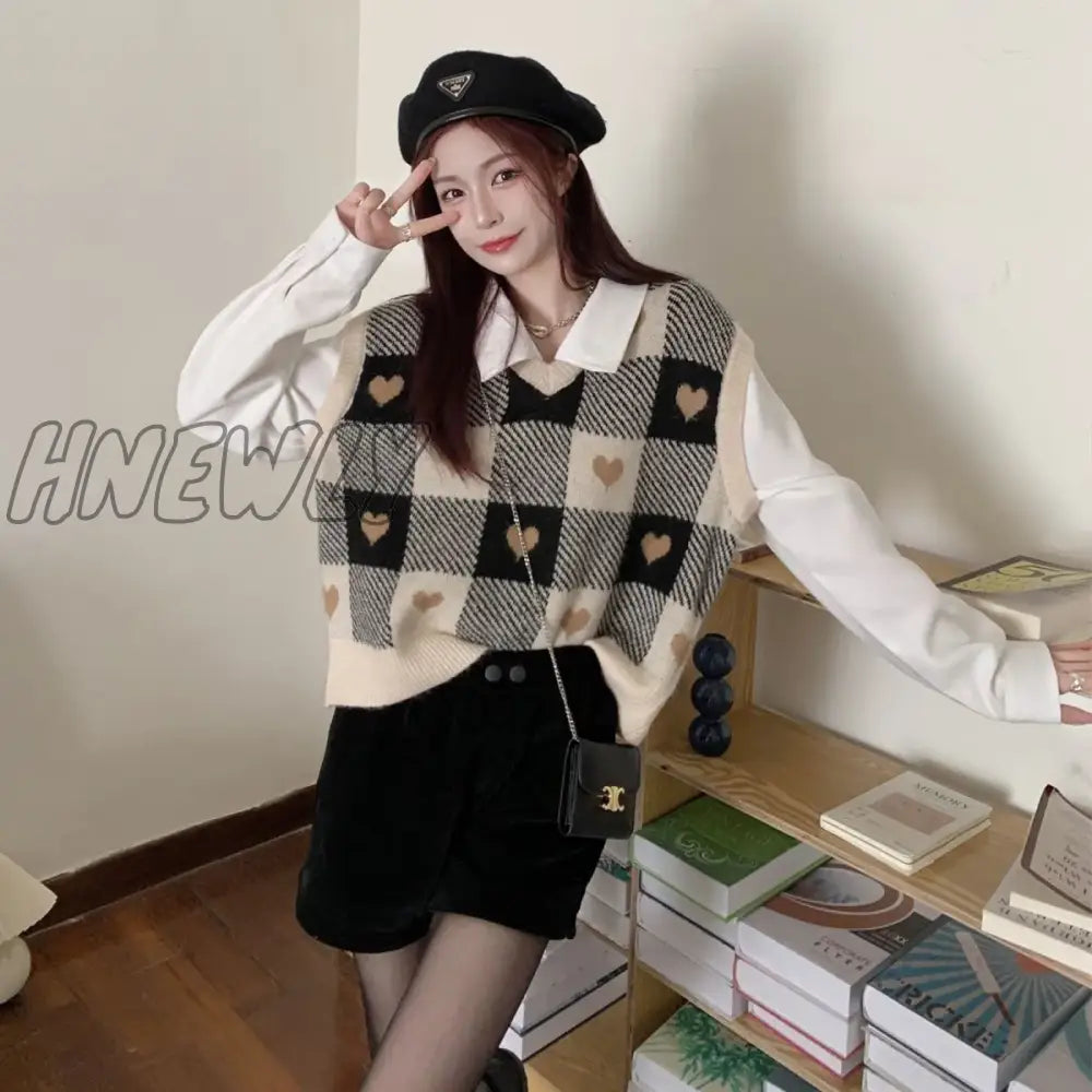 Hnewly Cute Checkered Sweater Vests Women Sweet V-Neck Female Ulzzang Heart-Knitted Sleeveless