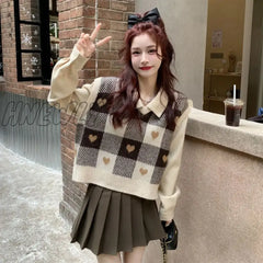 Hnewly Cute Checkered Sweater Vests Women Sweet V-Neck Female Ulzzang Heart-Knitted Sleeveless