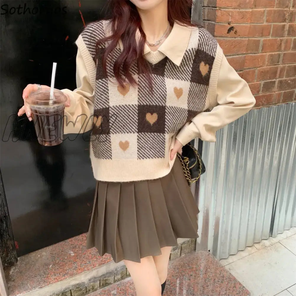 Hnewly Cute Checkered Sweater Vests Women Sweet V-Neck Female Ulzzang Heart-Knitted Sleeveless