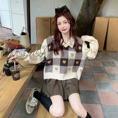 Hnewly Cute Checkered Sweater Vests Women Sweet V-Neck Female Ulzzang Heart-Knitted Sleeveless