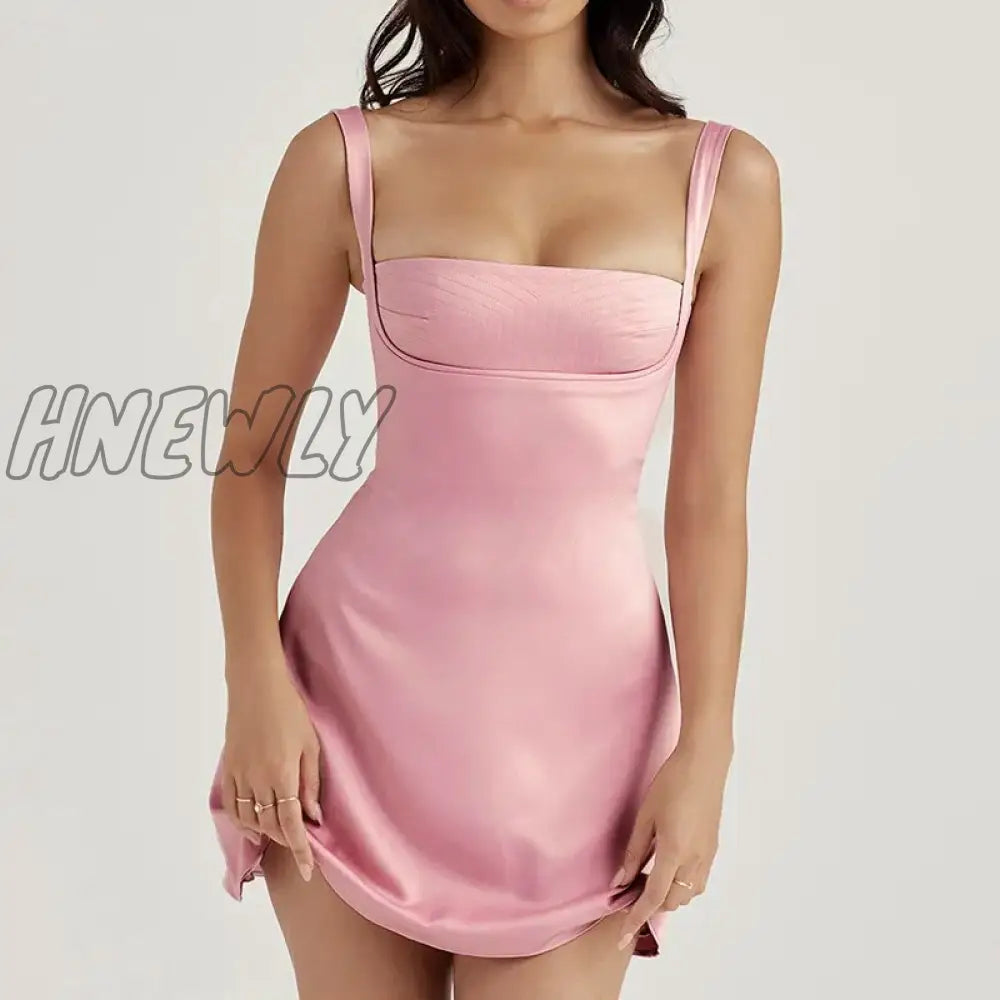 Hnewly Cute Girl Pink Square Collar Corset Mini Dresses Sexy Backless Slim Fit Cocktail Party Night