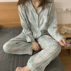 Hnewly Cute Grid Girls Pajamas Set Korean Autumn Winter New Long Sleeve Leisure Sleepwear Women