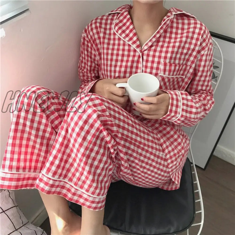 Hnewly Cute Grid Girls Pajamas Set Korean Autumn Winter New Long Sleeve Leisure Sleepwear Women