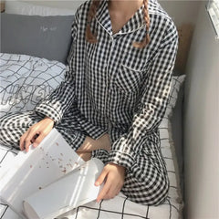 Hnewly Cute Grid Girls Pajamas Set Korean Autumn Winter New Long Sleeve Leisure Sleepwear Women