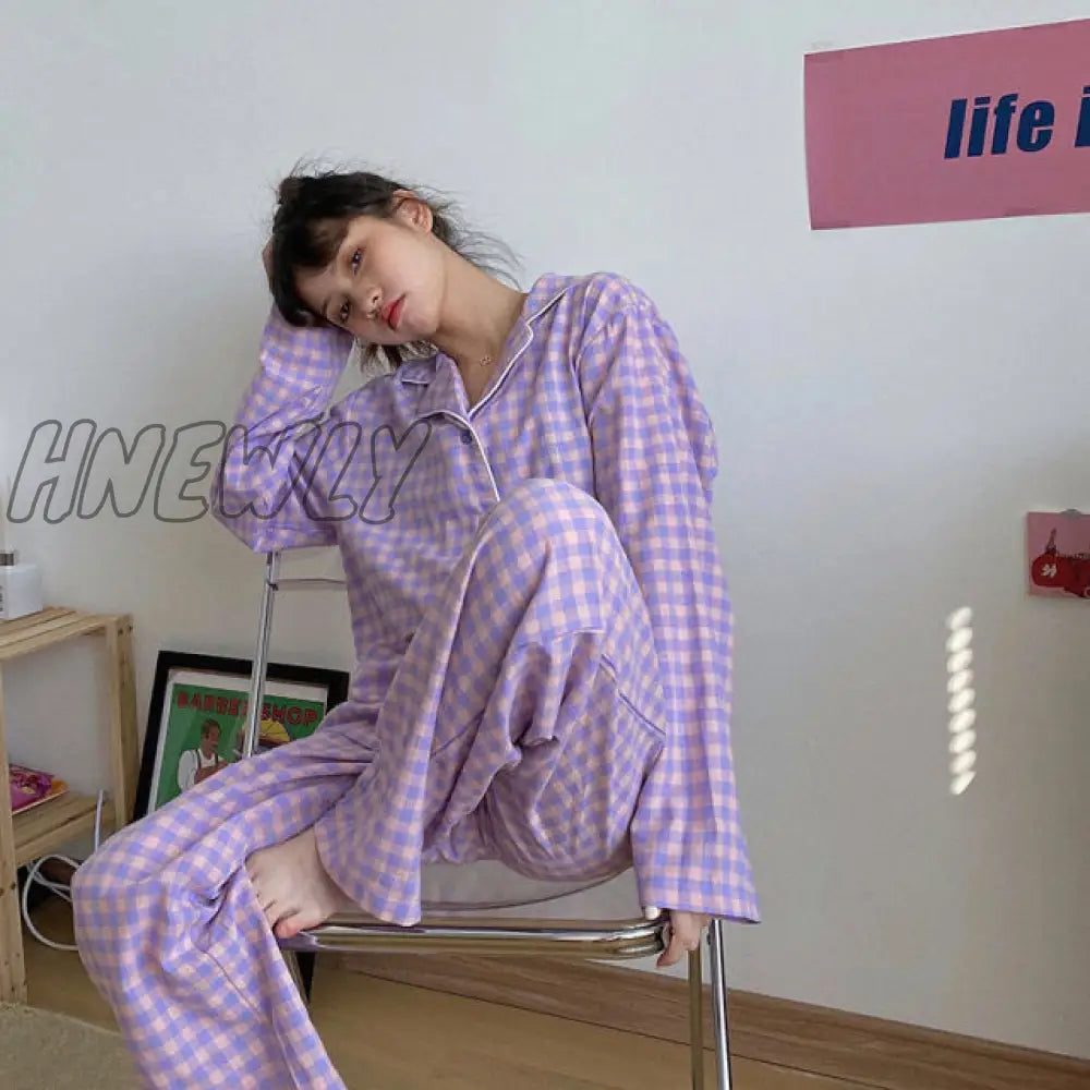 Hnewly Cute Grid Girls Pajamas Set Korean Autumn Winter New Long Sleeve Leisure Sleepwear Women