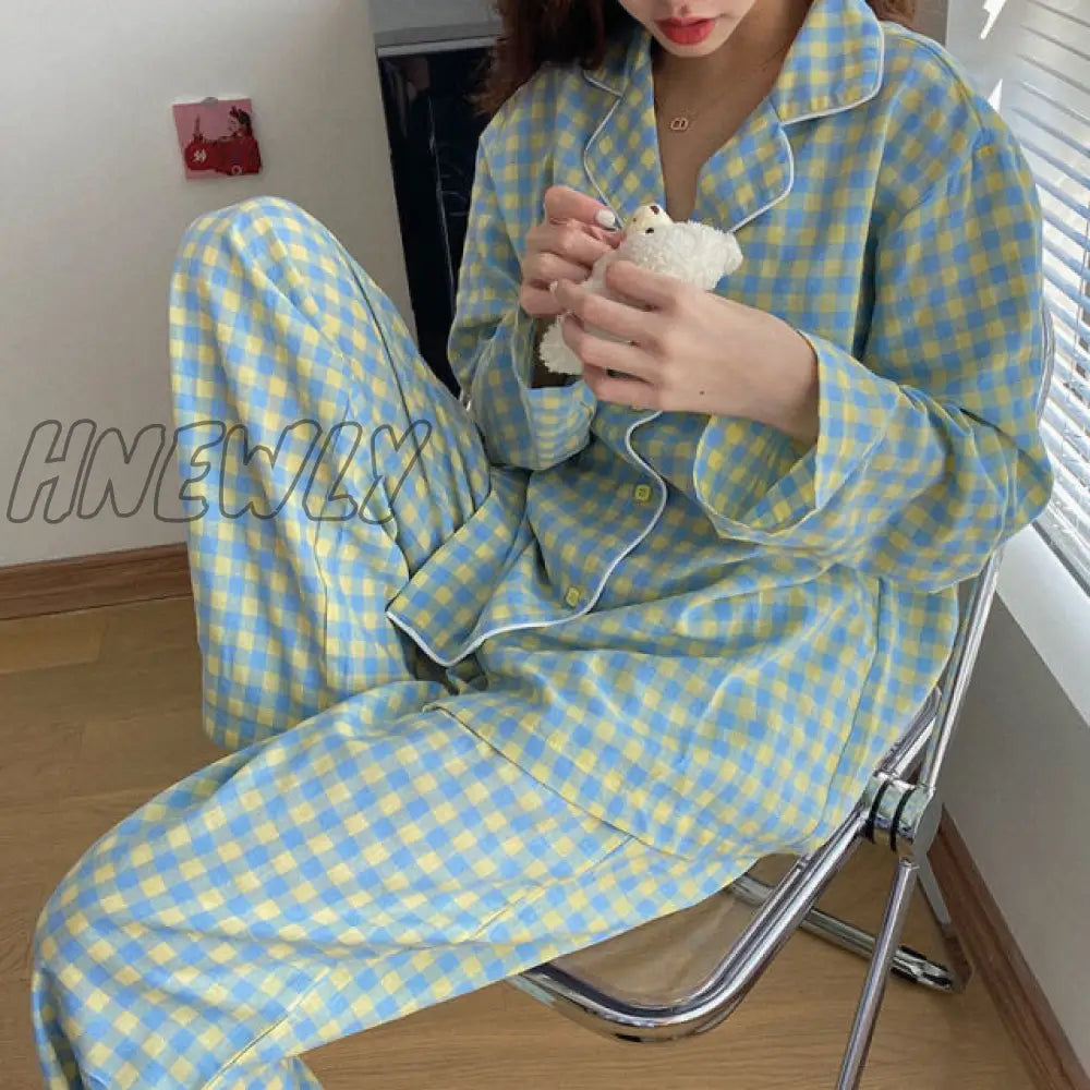 Hnewly Cute Grid Girls Pajamas Set Korean Autumn Winter New Long Sleeve Leisure Sleepwear Women