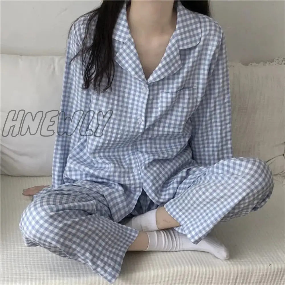 Hnewly Cute Grid Girls Pajamas Set Korean Autumn Winter New Long Sleeve Leisure Sleepwear Women