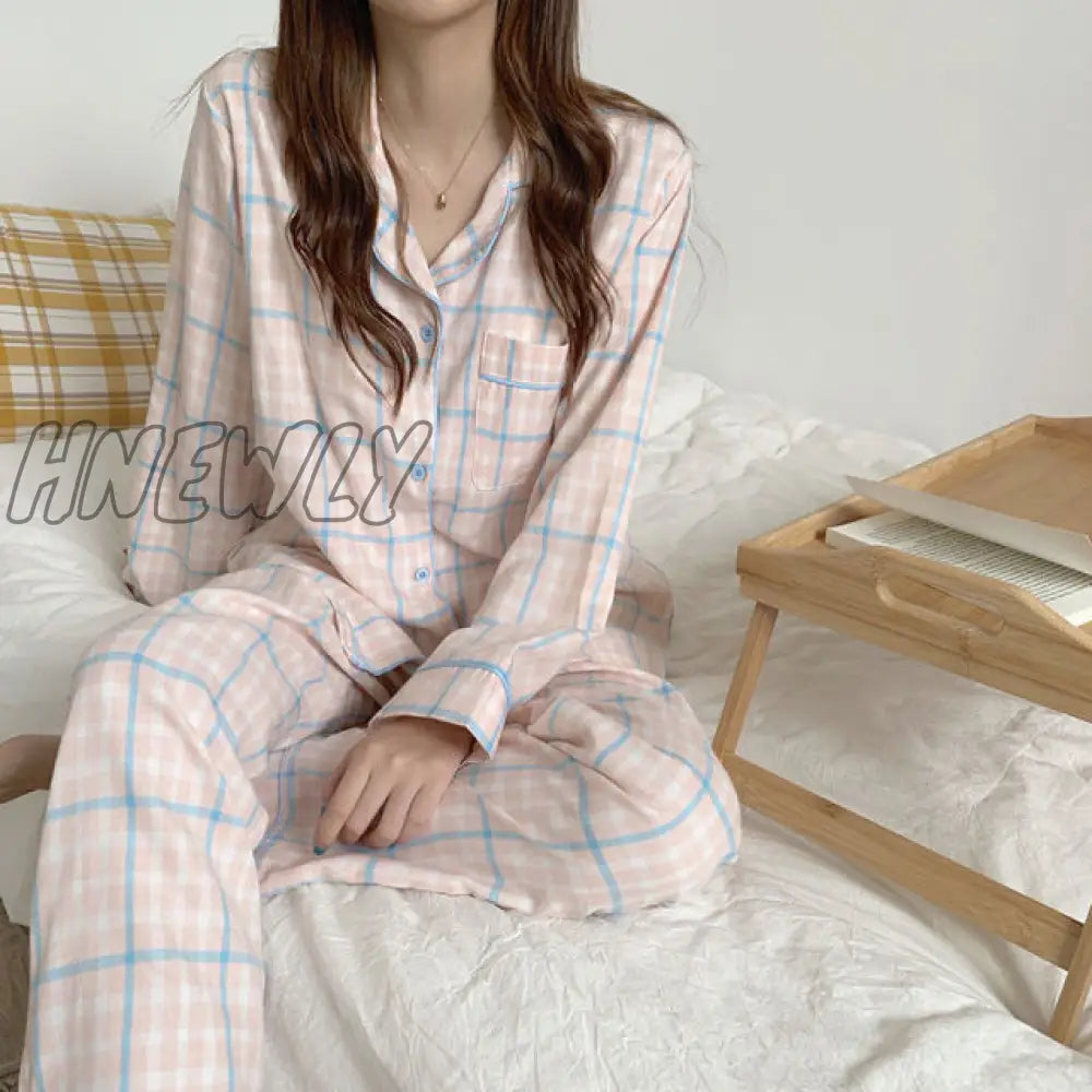 Hnewly Cute Grid Girls Pajamas Set Korean Autumn Winter New Long Sleeve Leisure Sleepwear Women