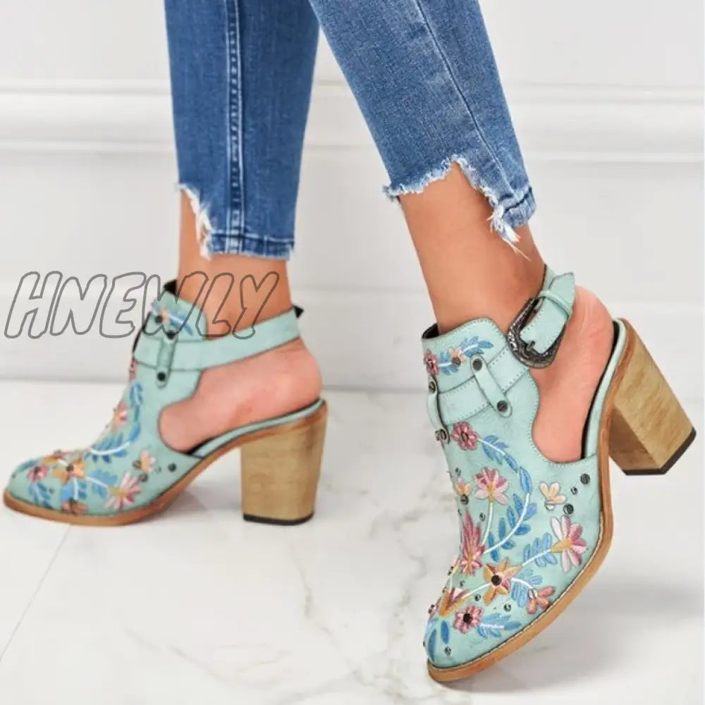 Hnewly Cutout Embroidered Chunky Heels Ankle Strap Slingback Sandals