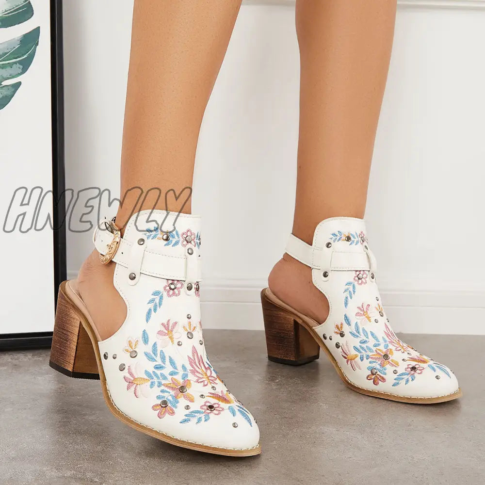 Hnewly Cutout Embroidered Chunky Heels Ankle Strap Slingback Sandals