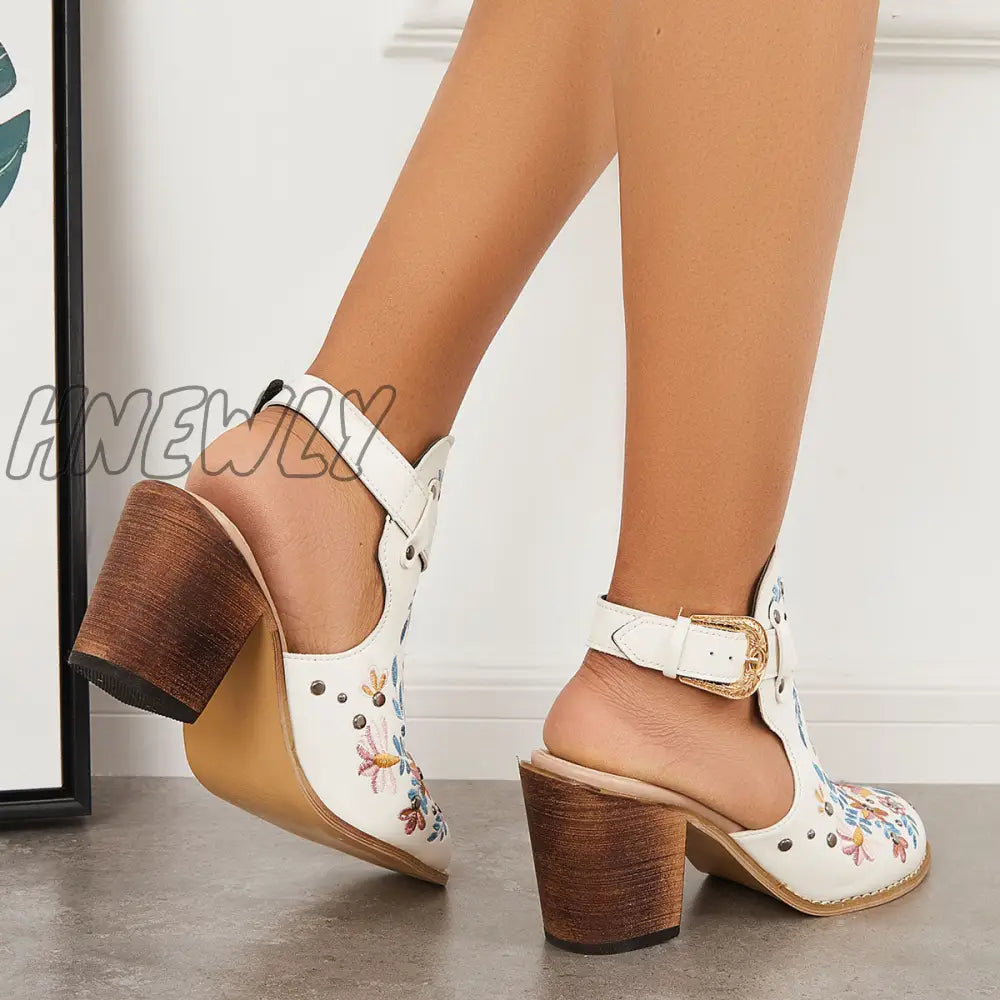 Hnewly Cutout Embroidered Chunky Heels Ankle Strap Slingback Sandals