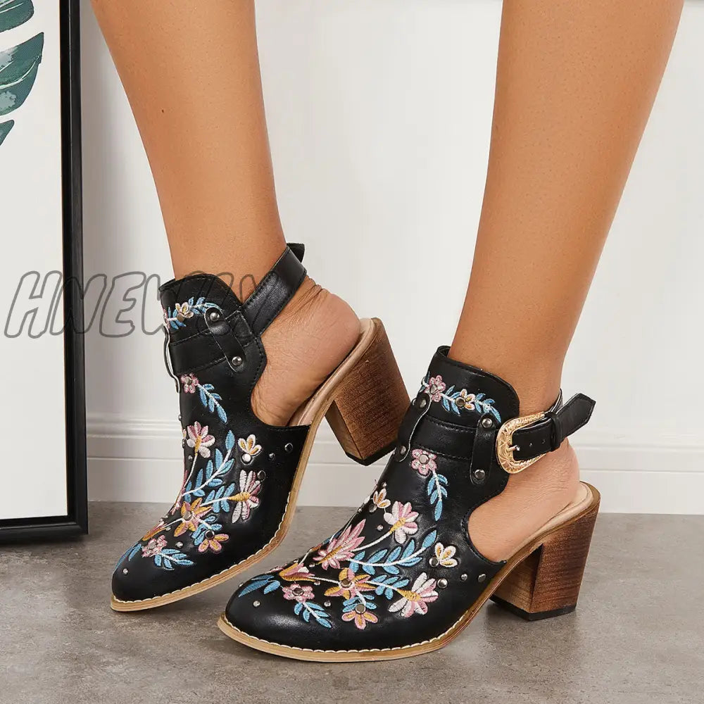 Hnewly Cutout Embroidered Chunky Heels Ankle Strap Slingback Sandals