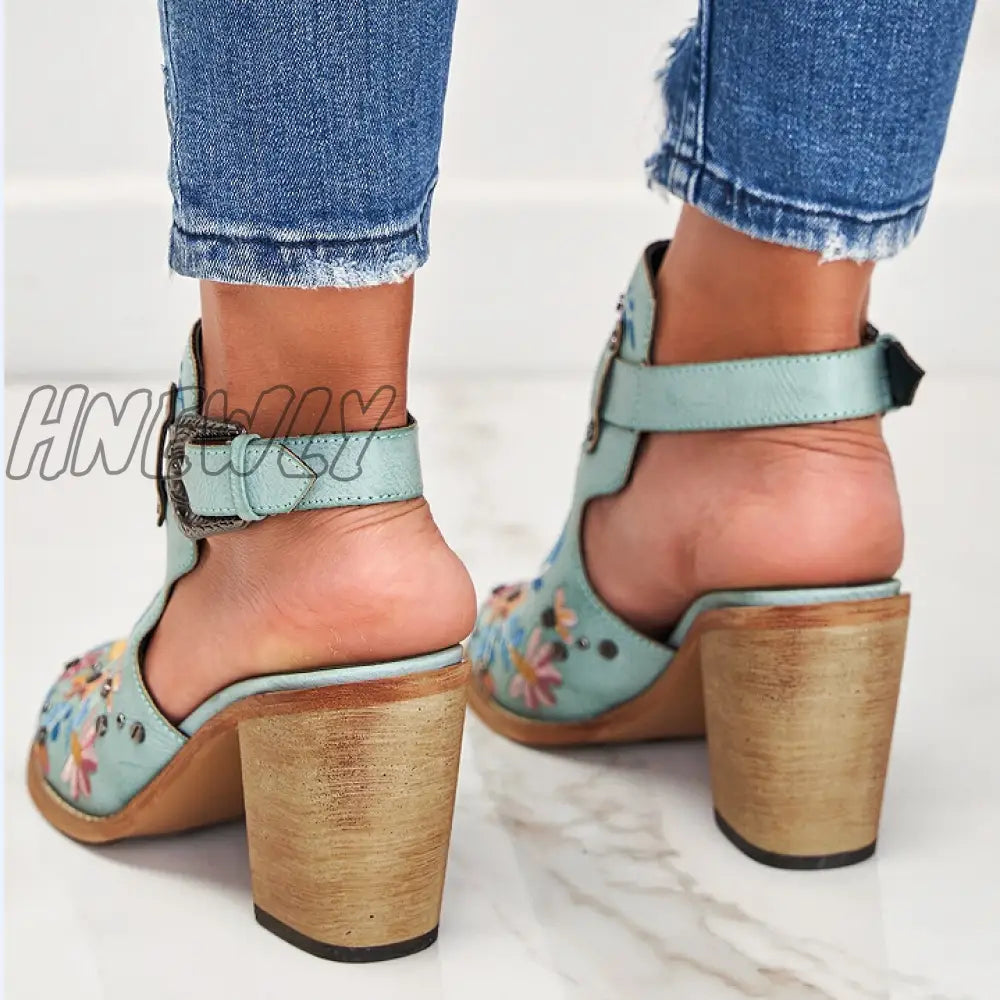 Hnewly Cutout Embroidered Chunky Heels Ankle Strap Slingback Sandals