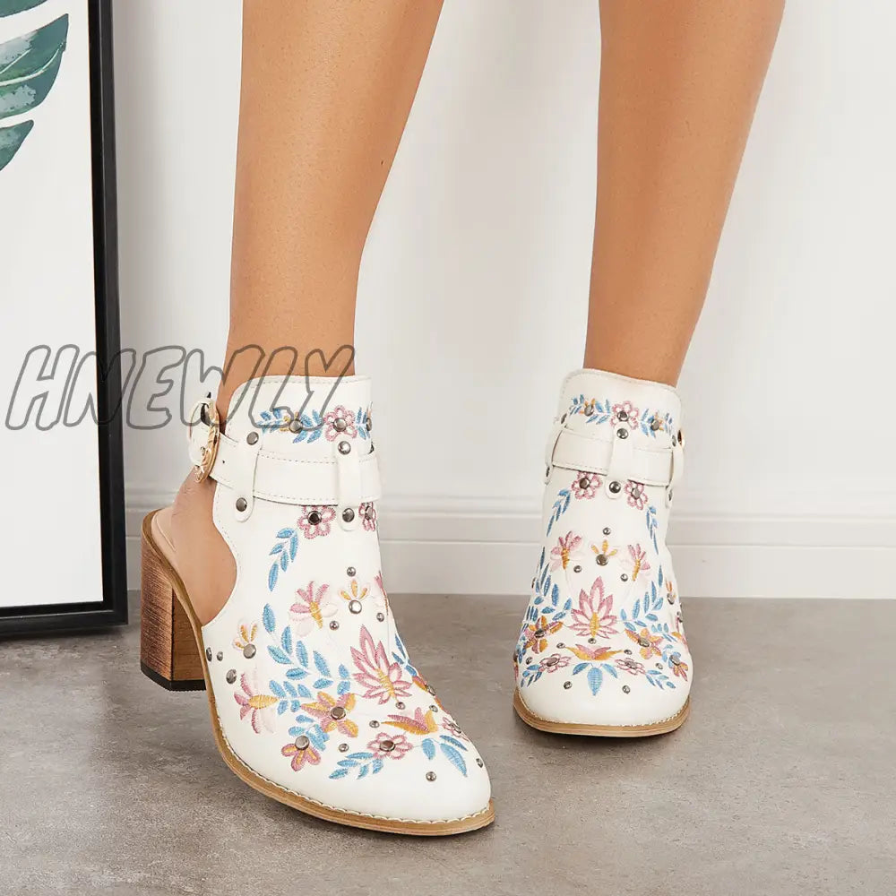 Hnewly Cutout Embroidered Chunky Heels Ankle Strap Slingback Sandals