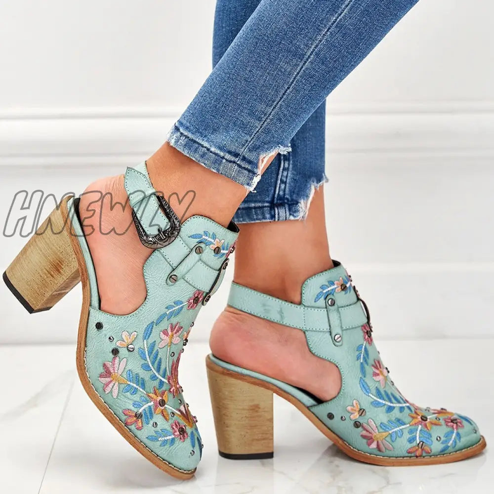 Hnewly Cutout Embroidered Chunky Heels Ankle Strap Slingback Sandals