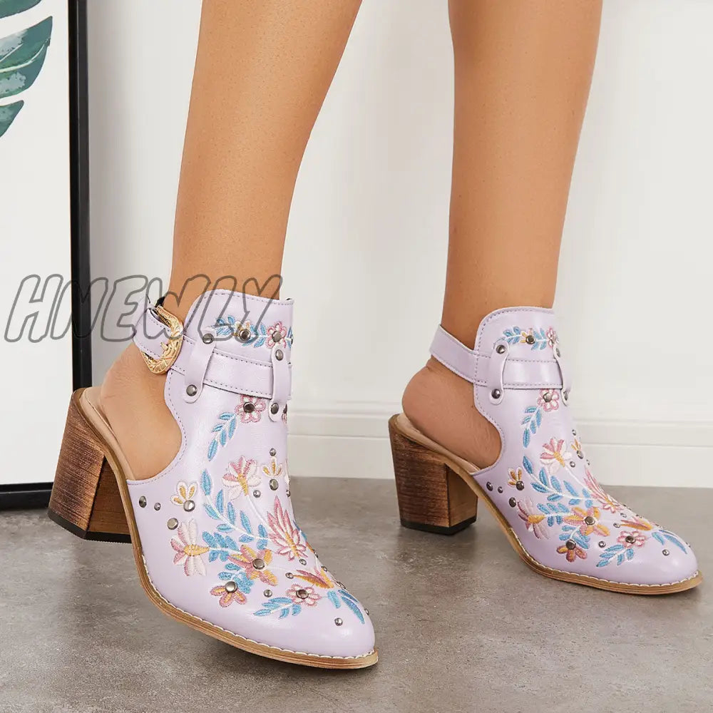 Hnewly Cutout Embroidered Chunky Heels Ankle Strap Slingback Sandals