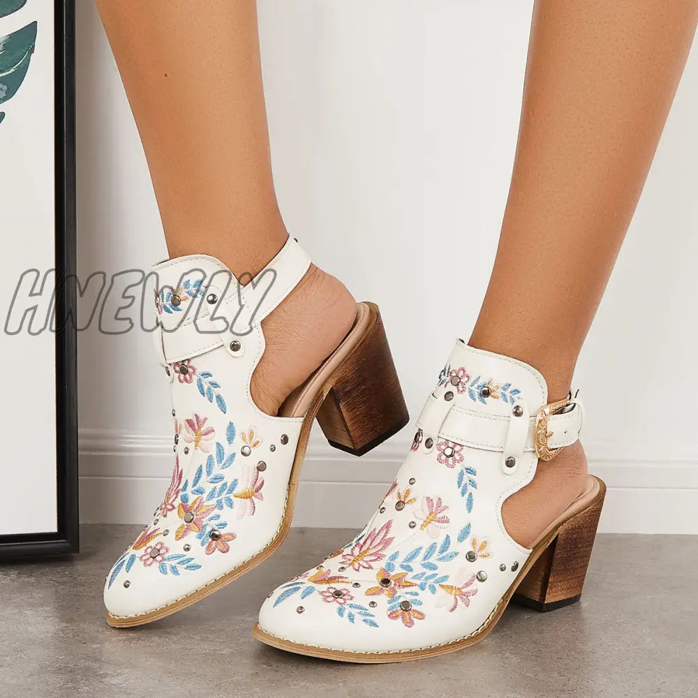 Hnewly Cutout Embroidered Chunky Heels Ankle Strap Slingback Sandals